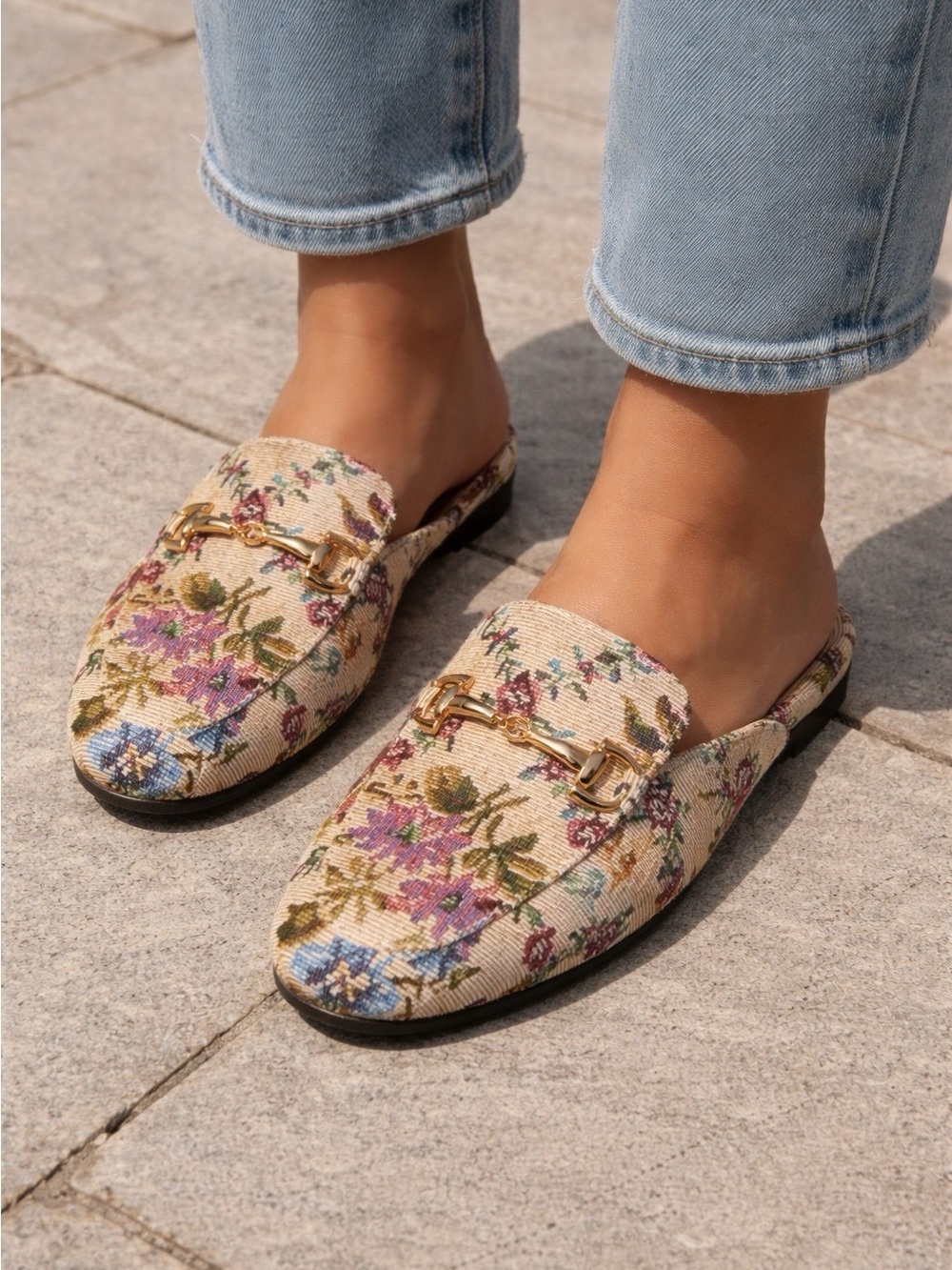 Classic Horsebit Floral Mule Loafers – Elegant Slip-On Flat Shoes